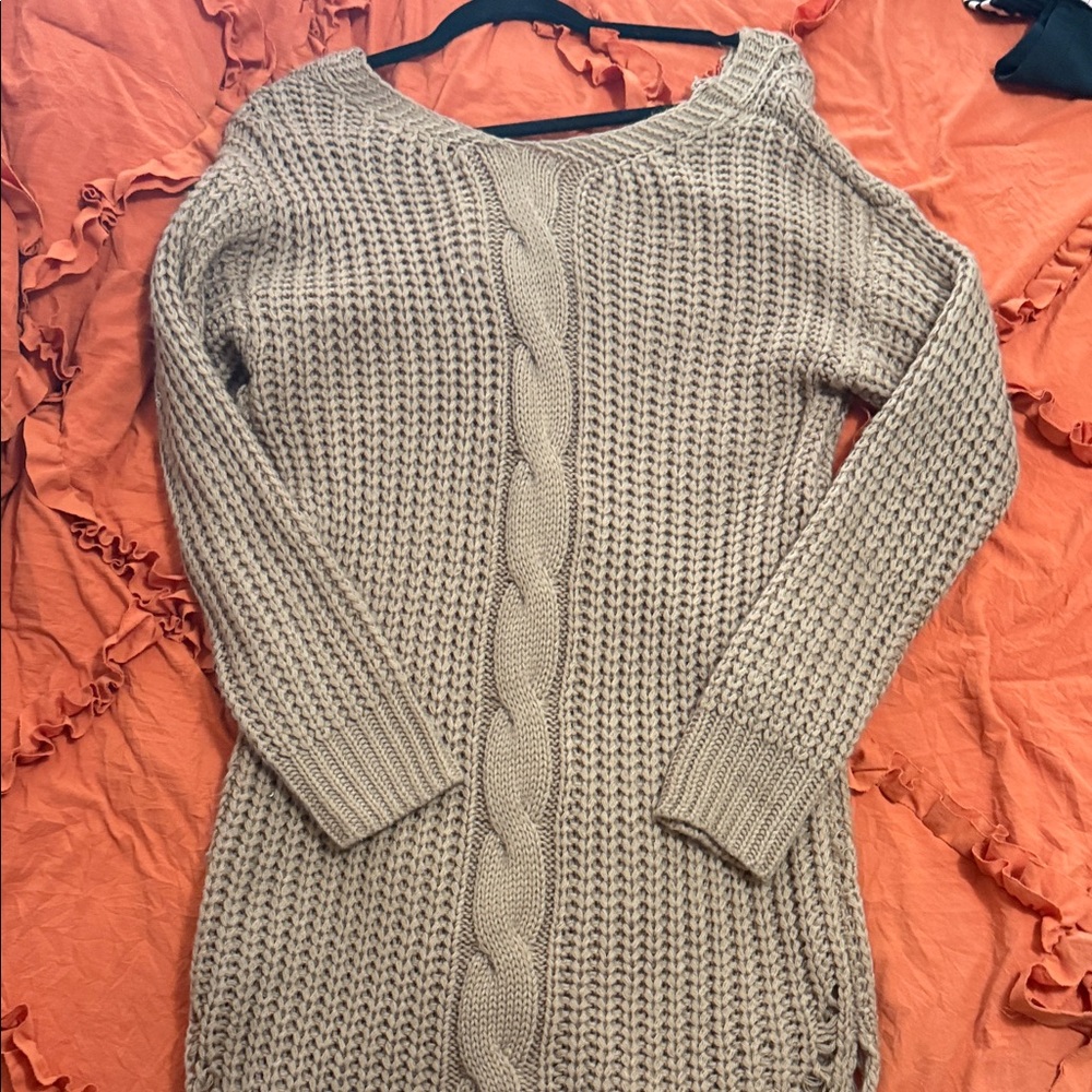 Off-the-Shoulder Cable Knit Sweater - Taupe